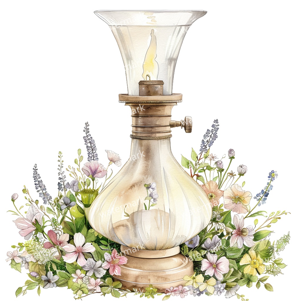 【商用利用可】ヴィンテージオイルランプ(水彩アンティークランタン)クリップアート18点セット|高解像度・透過PNG|レトロ照明・コラージュ・ジャンクジャーナル素材|即ダウンロード