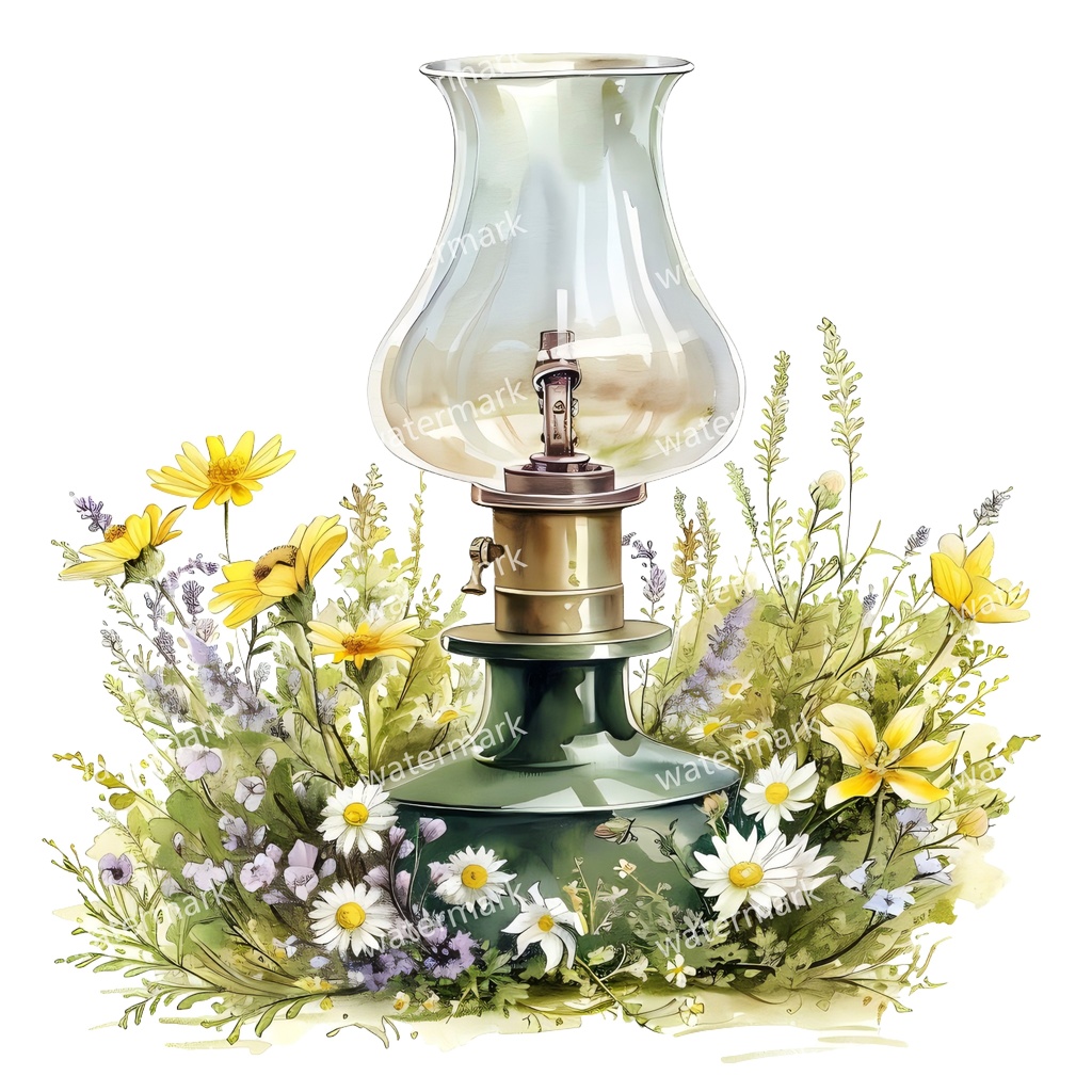 【商用利用可】ヴィンテージオイルランプ(水彩アンティークランタン)クリップアート18点セット|高解像度・透過PNG|レトロ照明・コラージュ・ジャンクジャーナル素材|即ダウンロード