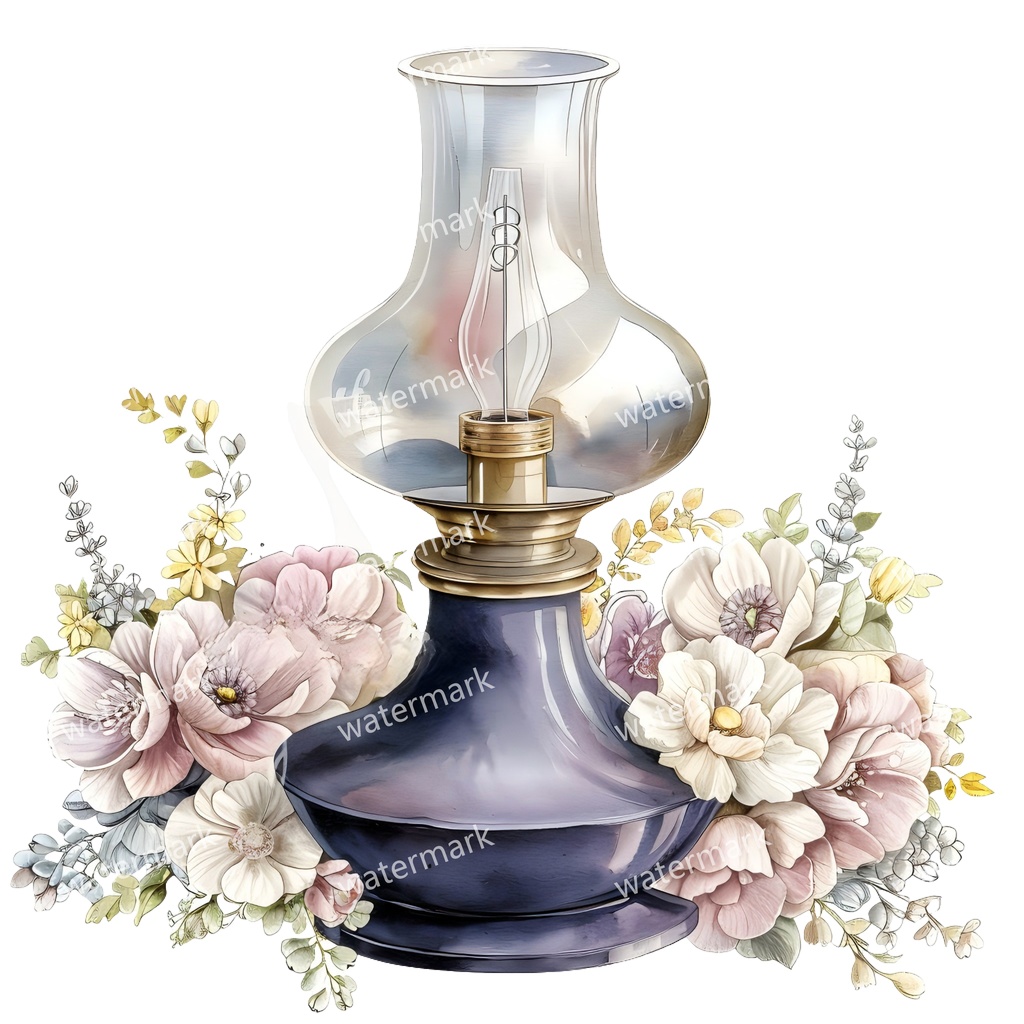 【商用利用可】ヴィンテージオイルランプ(水彩アンティークランタン)クリップアート18点セット|高解像度・透過PNG|レトロ照明・コラージュ・ジャンクジャーナル素材|即ダウンロード