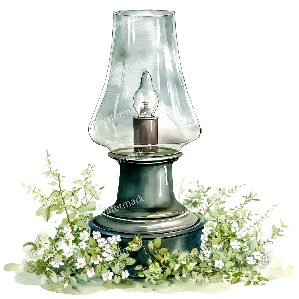 【商用利用可】ヴィンテージオイルランプ(水彩アンティークランタン)クリップアート18点セット|高解像度・透過PNG|レトロ照明・コラージュ・ジャンクジャーナル素材|即ダウンロード