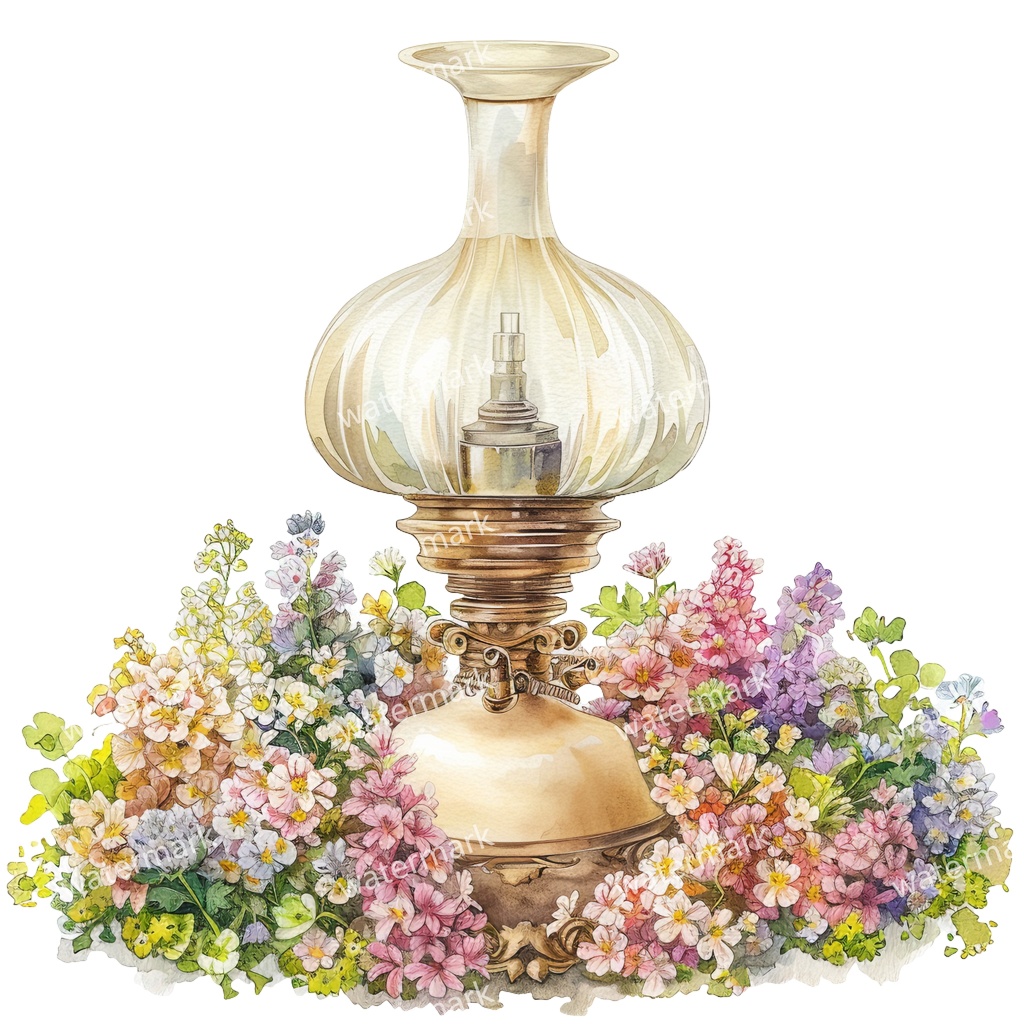 【商用利用可】ヴィンテージオイルランプ(水彩アンティークランタン)クリップアート18点セット|高解像度・透過PNG|レトロ照明・コラージュ・ジャンクジャーナル素材|即ダウンロード