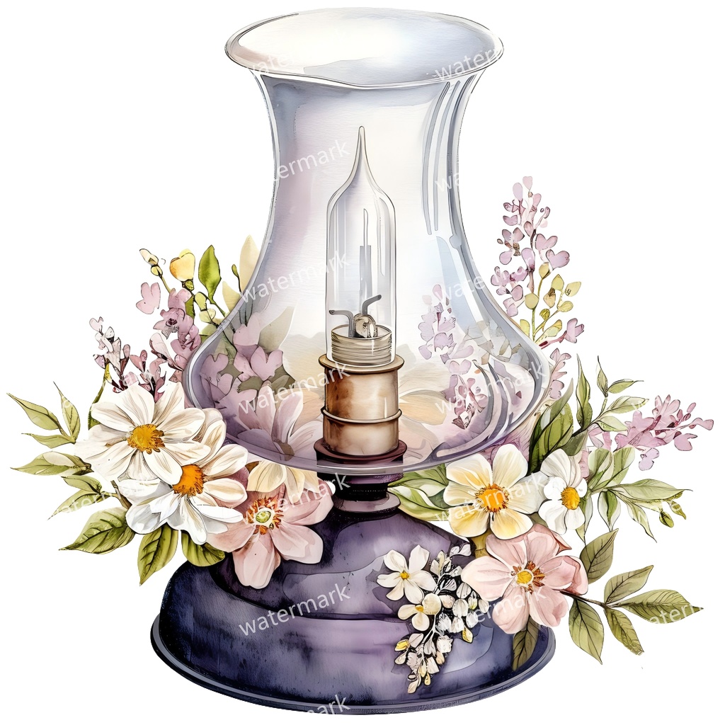 【商用利用可】ヴィンテージオイルランプ(水彩アンティークランタン)クリップアート18点セット|高解像度・透過PNG|レトロ照明・コラージュ・ジャンクジャーナル素材|即ダウンロード