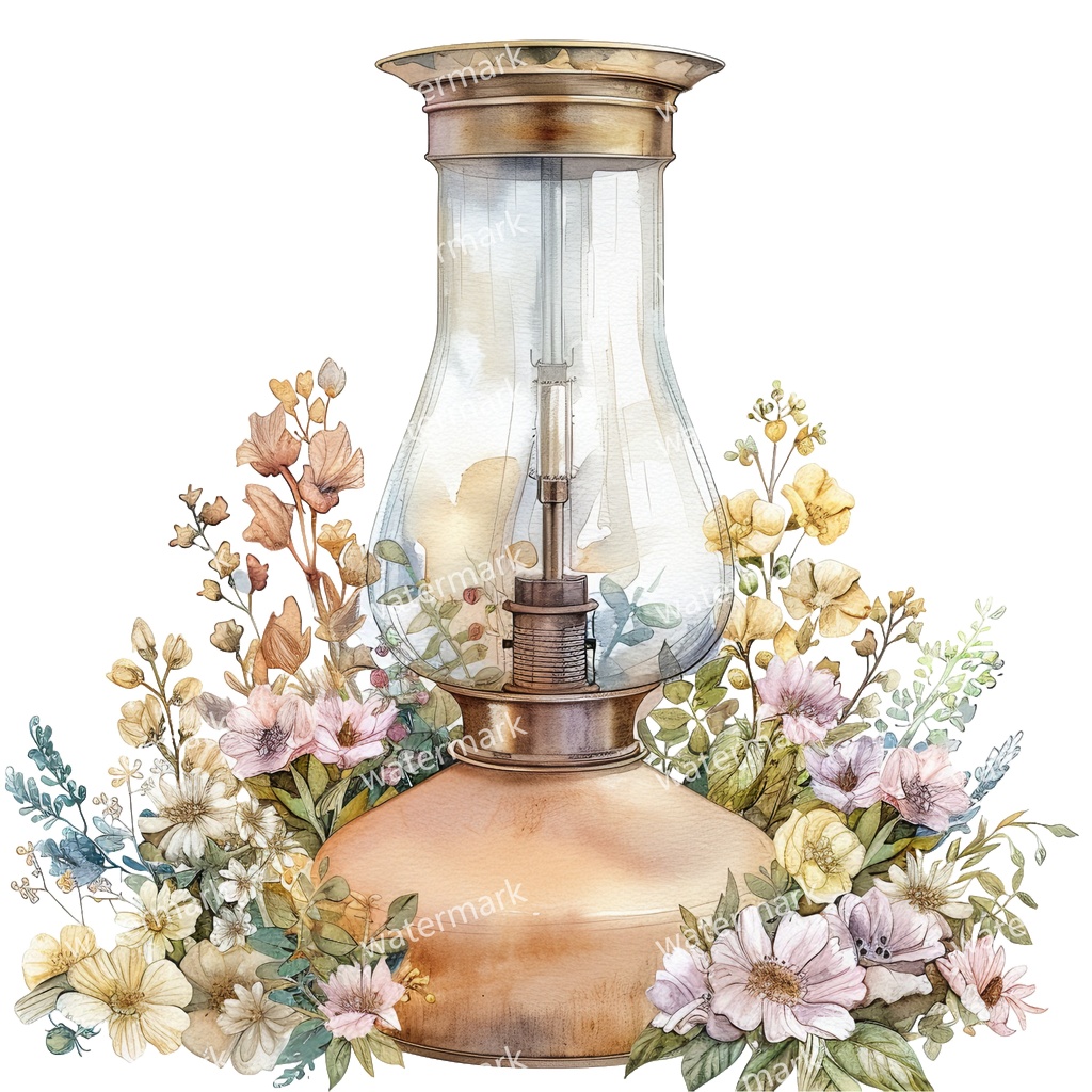 【商用利用可】ヴィンテージオイルランプ(水彩アンティークランタン)クリップアート18点セット|高解像度・透過PNG|レトロ照明・コラージュ・ジャンクジャーナル素材|即ダウンロード