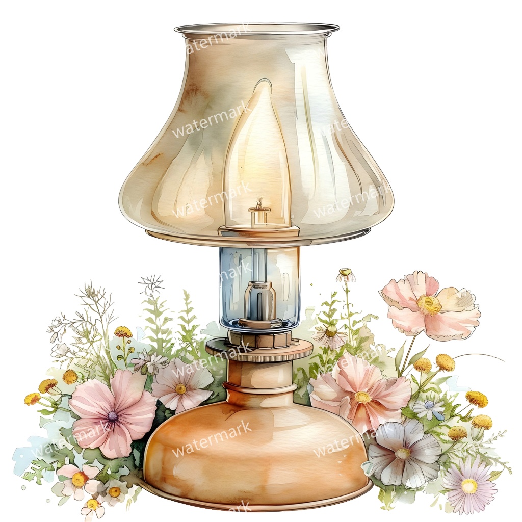 【商用利用可】ヴィンテージオイルランプ(水彩アンティークランタン)クリップアート18点セット|高解像度・透過PNG|レトロ照明・コラージュ・ジャンクジャーナル素材|即ダウンロード