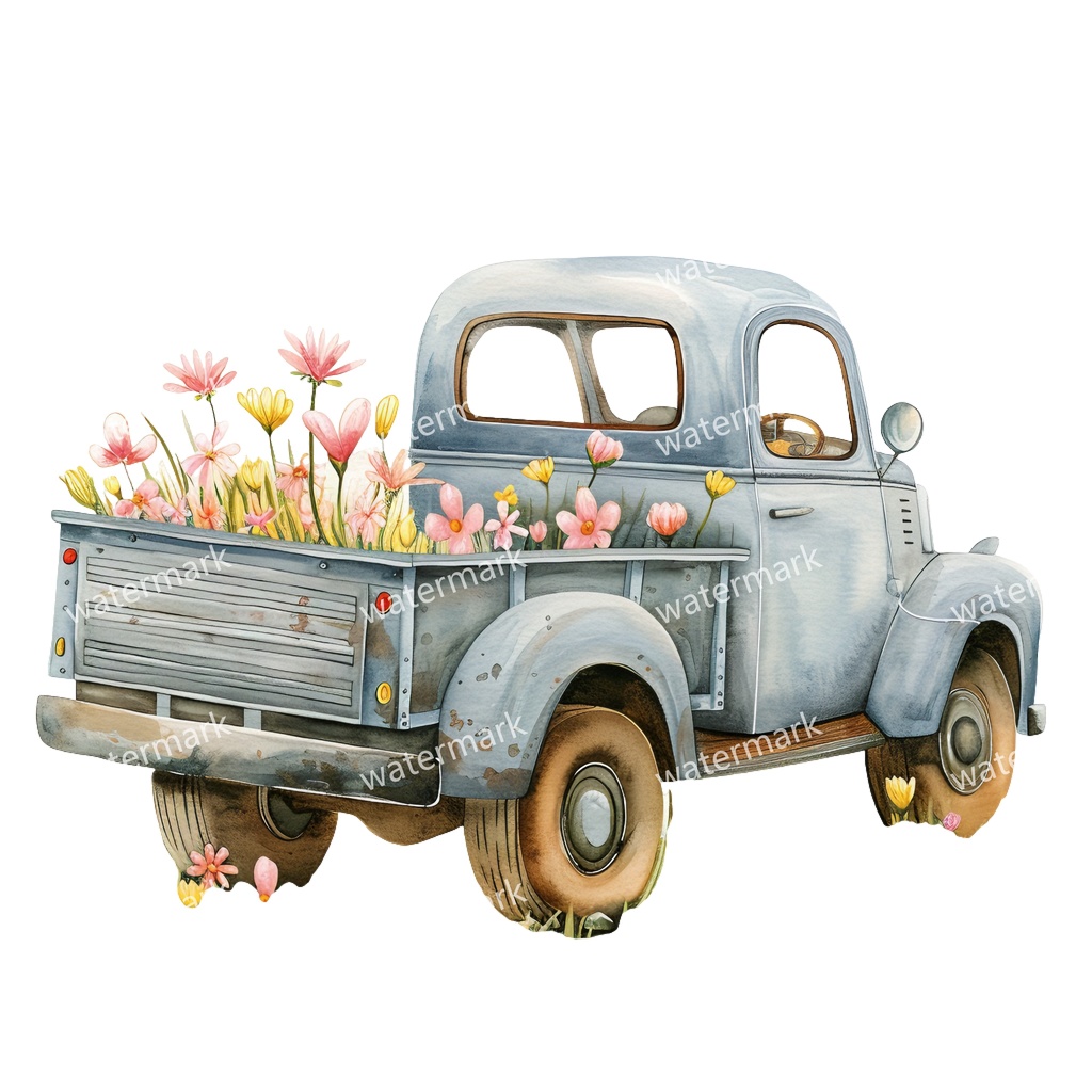 【商用利用可】カントリーサイドトラック(水彩ピックアップトラック)クリップアート18点セット|高解像度・透過PNG|田舎風景・ナチュラル|コラージュ・ジャンクジャーナル素材|即ダウンロード