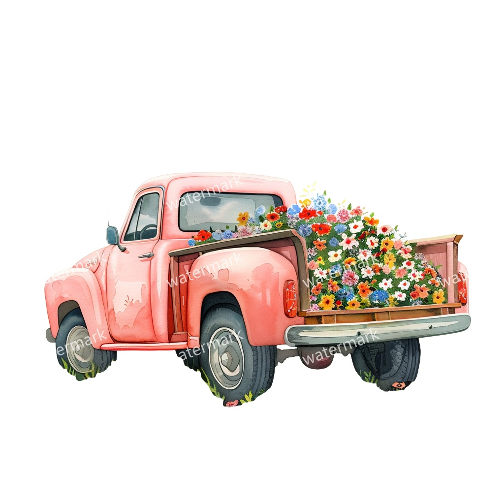 【商用利用可】カントリーサイドトラック(水彩ピックアップトラック)クリップアート18点セット|高解像度・透過PNG|田舎風景・ナチュラル|コラージュ・ジャンクジャーナル素材|即ダウンロード