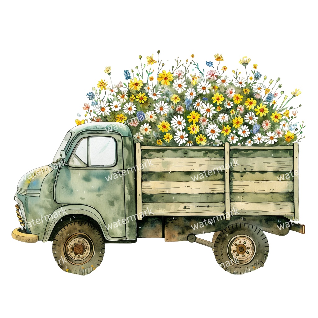 【商用利用可】カントリーサイドトラック(水彩ピックアップトラック)クリップアート18点セット|高解像度・透過PNG|田舎風景・ナチュラル|コラージュ・ジャンクジャーナル素材|即ダウンロード