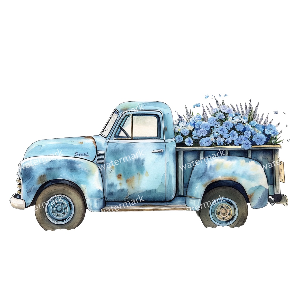 【商用利用可】カントリーサイドトラック(水彩ピックアップトラック)クリップアート18点セット|高解像度・透過PNG|田舎風景・ナチュラル|コラージュ・ジャンクジャーナル素材|即ダウンロード