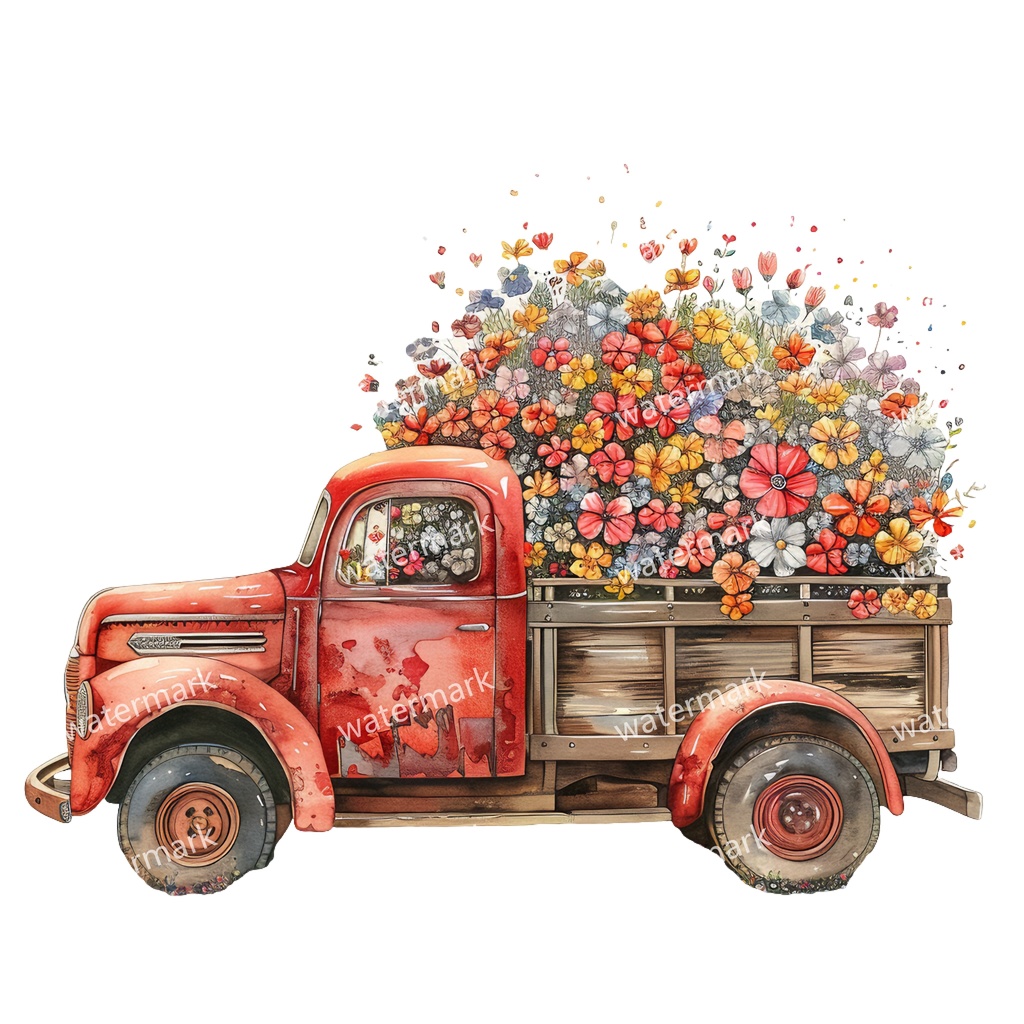 【商用利用可】カントリーサイドトラック(水彩ピックアップトラック)クリップアート18点セット|高解像度・透過PNG|田舎風景・ナチュラル|コラージュ・ジャンクジャーナル素材|即ダウンロード