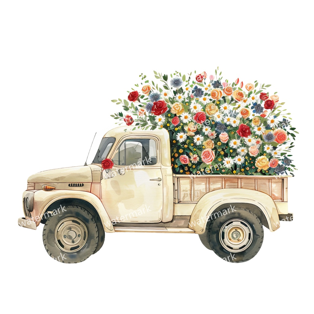 【商用利用可】カントリーサイドトラック(水彩ピックアップトラック)クリップアート18点セット|高解像度・透過PNG|田舎風景・ナチュラル|コラージュ・ジャンクジャーナル素材|即ダウンロード