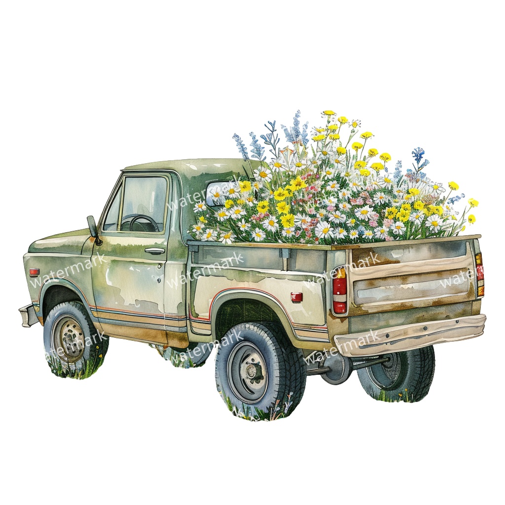 【商用利用可】カントリーサイドトラック(水彩ピックアップトラック)クリップアート18点セット|高解像度・透過PNG|田舎風景・ナチュラル|コラージュ・ジャンクジャーナル素材|即ダウンロード