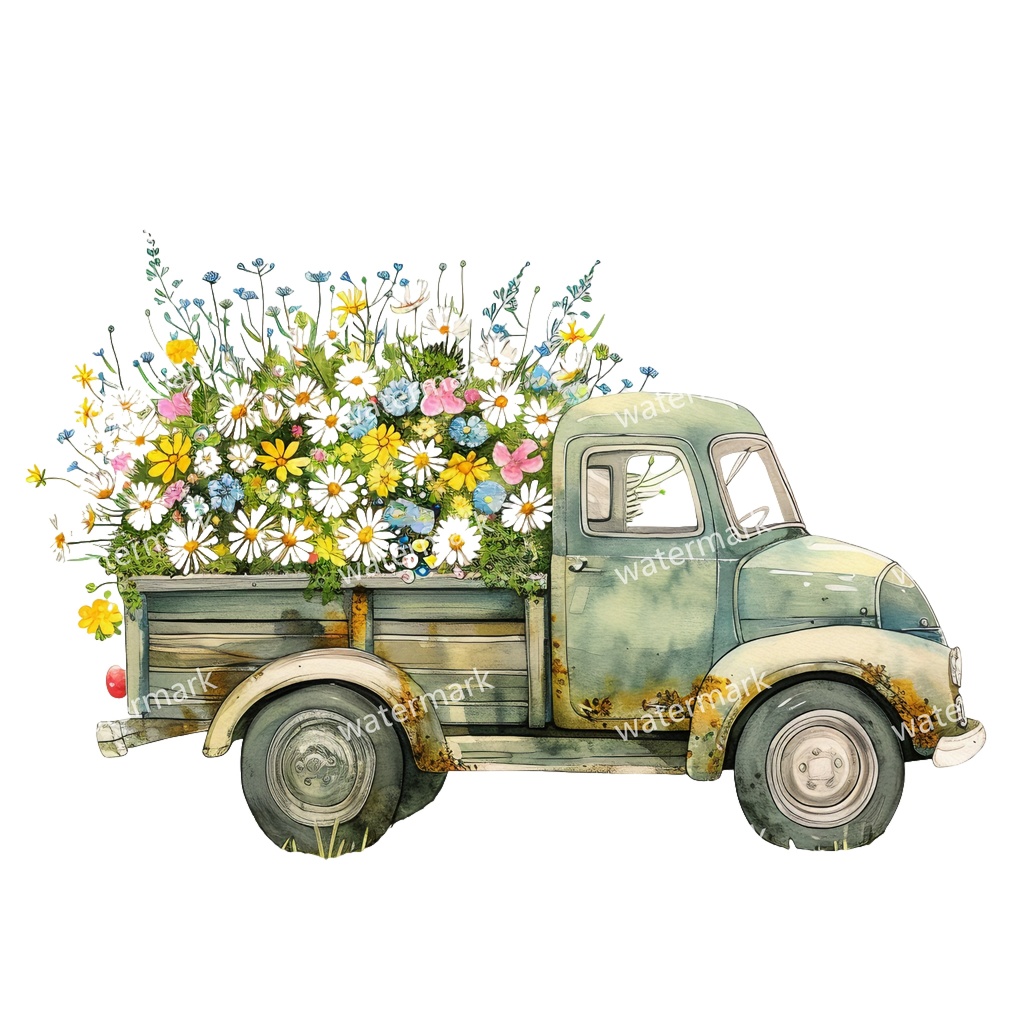 【商用利用可】カントリーサイドトラック(水彩ピックアップトラック)クリップアート18点セット|高解像度・透過PNG|田舎風景・ナチュラル|コラージュ・ジャンクジャーナル素材|即ダウンロード