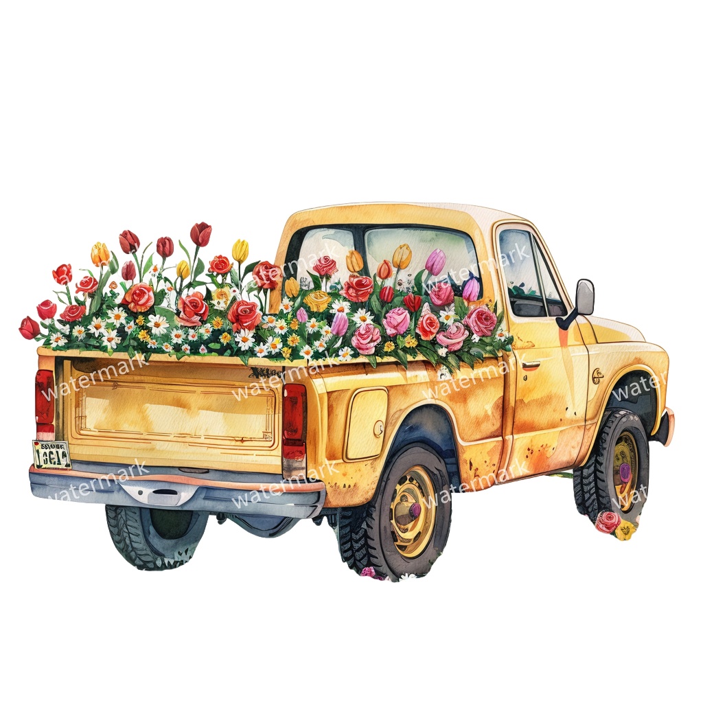 【商用利用可】カントリーサイドトラック(水彩ピックアップトラック)クリップアート18点セット|高解像度・透過PNG|田舎風景・ナチュラル|コラージュ・ジャンクジャーナル素材|即ダウンロード