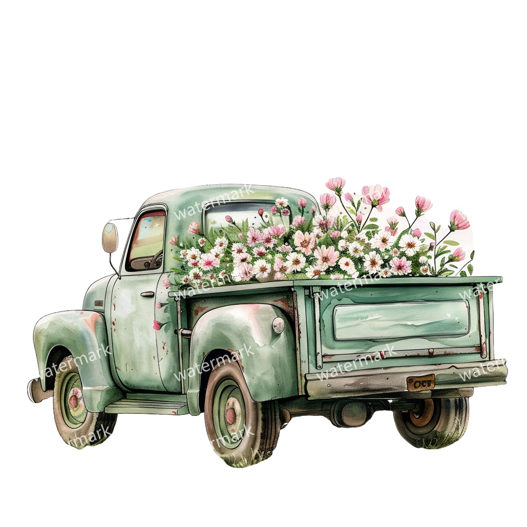 【商用利用可】カントリーサイドトラック(水彩ピックアップトラック)クリップアート18点セット|高解像度・透過PNG|田舎風景・ナチュラル|コラージュ・ジャンクジャーナル素材|即ダウンロード