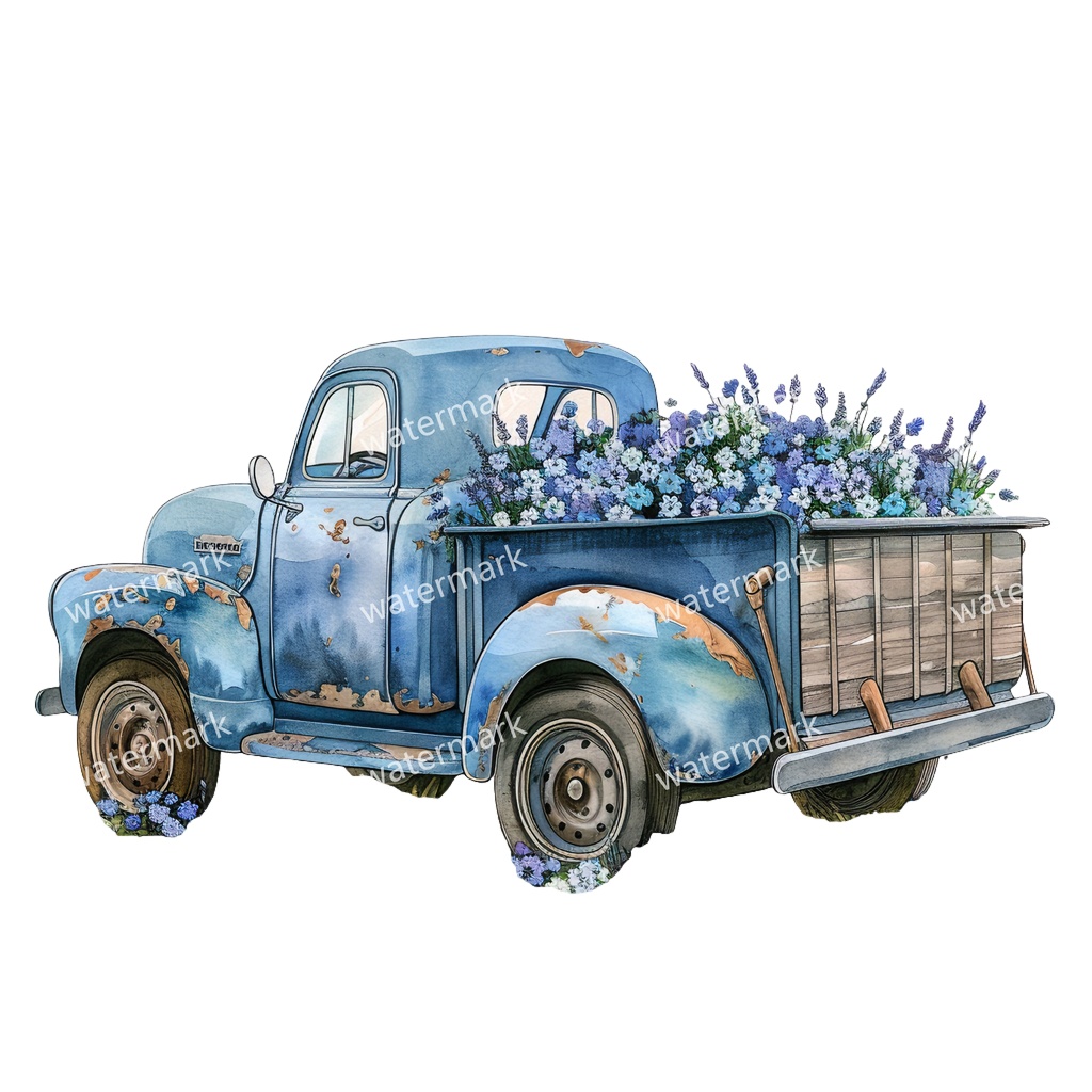 【商用利用可】カントリーサイドトラック(水彩ピックアップトラック)クリップアート18点セット|高解像度・透過PNG|田舎風景・ナチュラル|コラージュ・ジャンクジャーナル素材|即ダウンロード