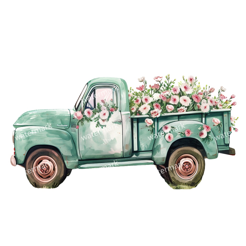 【商用利用可】カントリーサイドトラック(水彩ピックアップトラック)クリップアート18点セット|高解像度・透過PNG|田舎風景・ナチュラル|コラージュ・ジャンクジャーナル素材|即ダウンロード