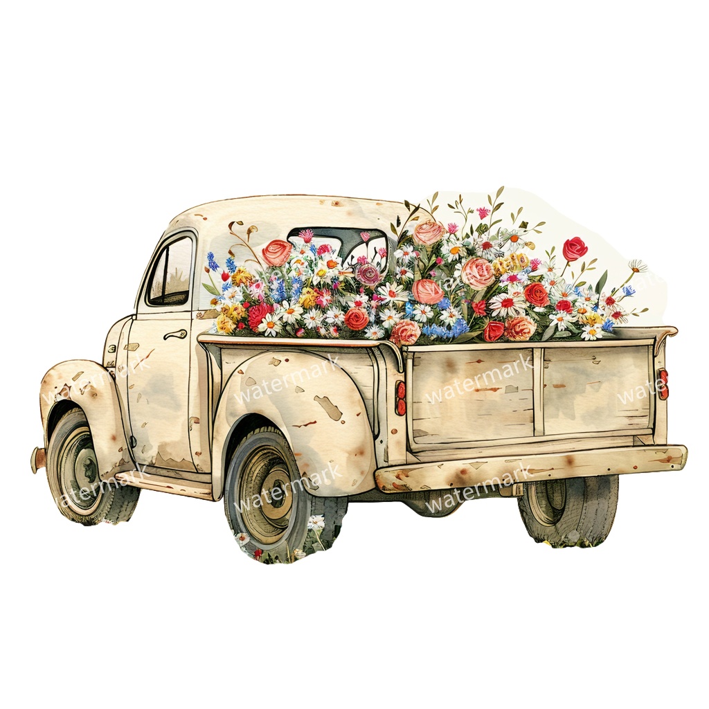 【商用利用可】カントリーサイドトラック(水彩ピックアップトラック)クリップアート18点セット|高解像度・透過PNG|田舎風景・ナチュラル|コラージュ・ジャンクジャーナル素材|即ダウンロード