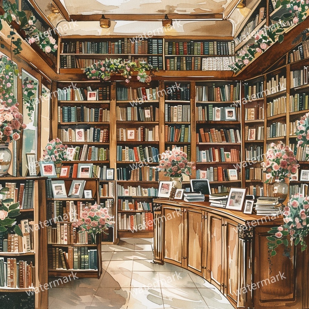【商用利用可】ヨーロッパ書店(水彩ブックストア外観)クリップアート20点セット|高解像度JPG|街並み・カフェ風・コラージュ・ジャンクジャーナル素材|即ダウンロード
