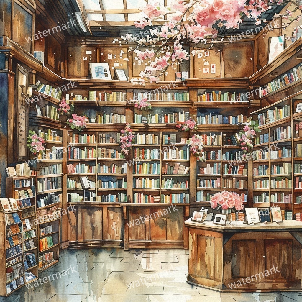 【商用利用可】ヨーロッパ書店(水彩ブックストア外観)クリップアート20点セット|高解像度JPG|街並み・カフェ風・コラージュ・ジャンクジャーナル素材|即ダウンロード