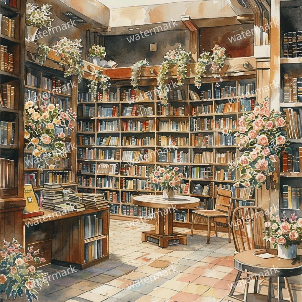 【商用利用可】ヨーロッパ書店(水彩ブックストア外観)クリップアート20点セット|高解像度JPG|街並み・カフェ風・コラージュ・ジャンクジャーナル素材|即ダウンロード