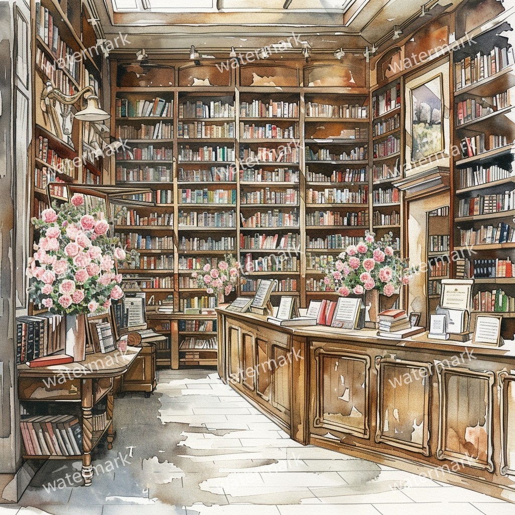 【商用利用可】ヨーロッパ書店(水彩ブックストア外観)クリップアート20点セット|高解像度JPG|街並み・カフェ風・コラージュ・ジャンクジャーナル素材|即ダウンロード