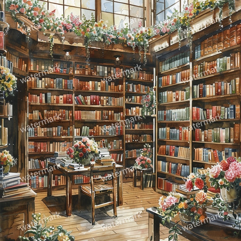 【商用利用可】ヨーロッパ書店(水彩ブックストア外観)クリップアート20点セット|高解像度JPG|街並み・カフェ風・コラージュ・ジャンクジャーナル素材|即ダウンロード