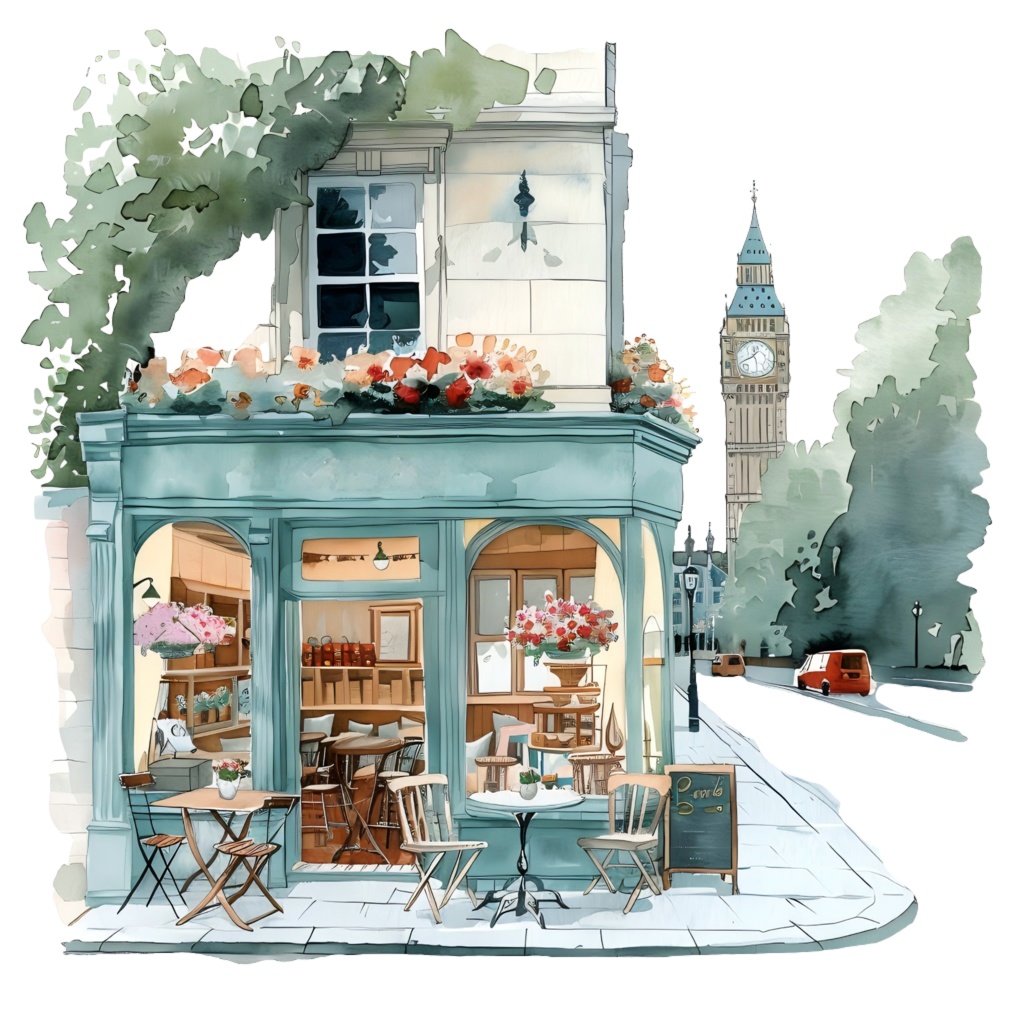 【商用利用可】英国コーナーカフェ（水彩ブリティッシュカフェ外観）クリップアート18点セット｜高解像度・透過PNG｜ヨーロッパ街角・レトロ店舗｜コラージュ・ジャンクジャーナル素材｜即ダウンロード