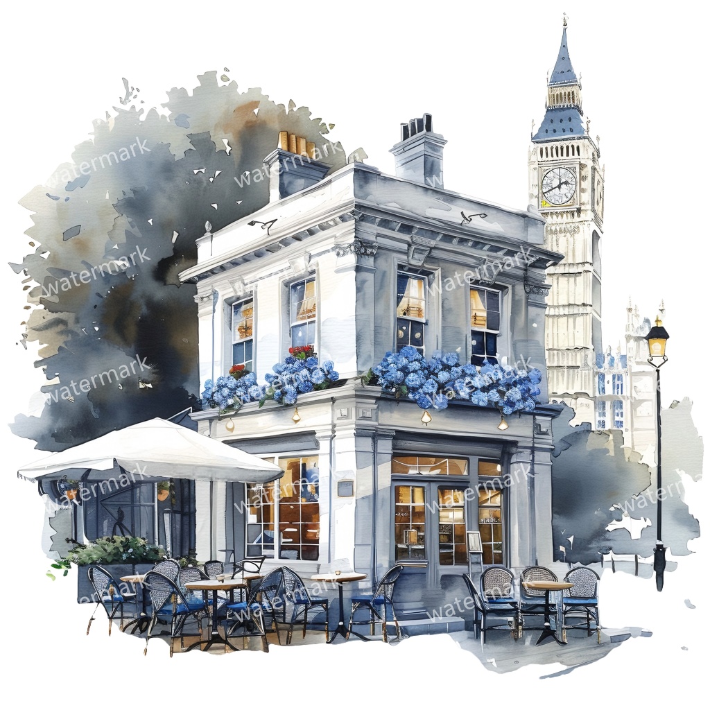 【商用利用可】英国コーナーカフェ(水彩ブリティッシュカフェ外観)クリップアート18点セット|高解像度・透過PNG|ヨーロッパ街角・レトロ店舗|コラージュ・ジャンクジャーナル素材|即ダウンロード