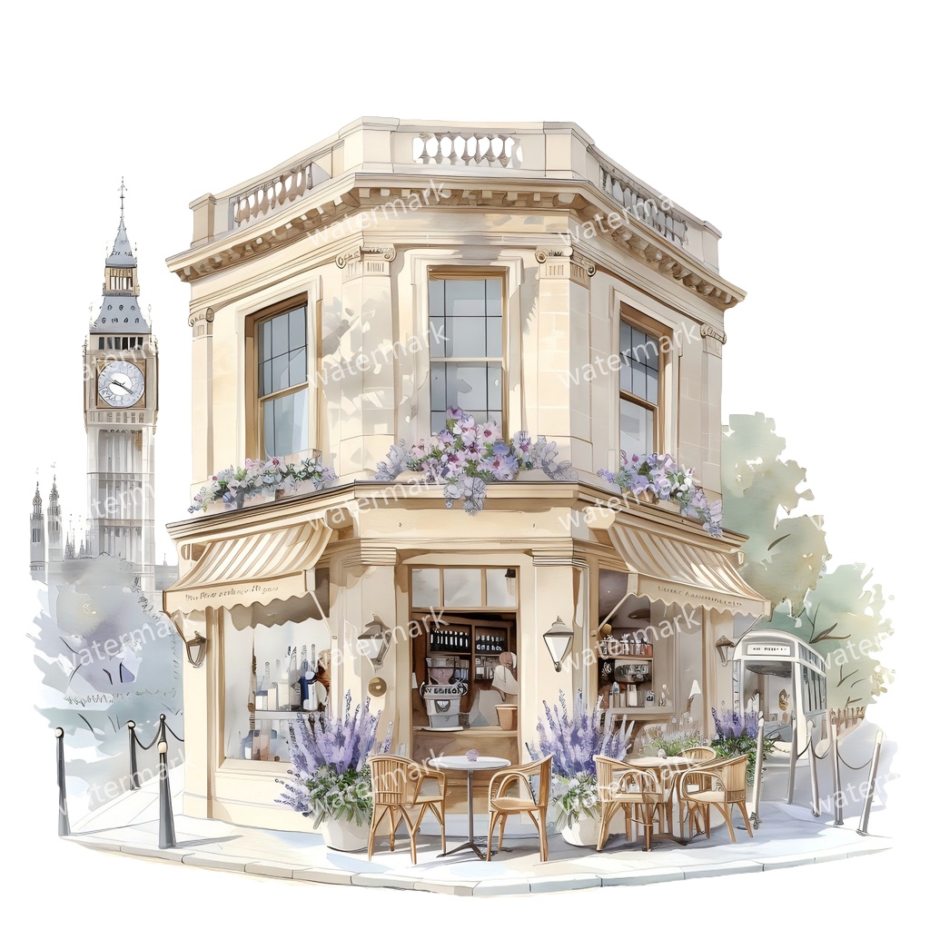 【商用利用可】英国コーナーカフェ(水彩ブリティッシュカフェ外観)クリップアート18点セット|高解像度・透過PNG|ヨーロッパ街角・レトロ店舗|コラージュ・ジャンクジャーナル素材|即ダウンロード