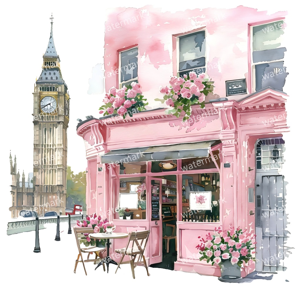 【商用利用可】英国コーナーカフェ(水彩ブリティッシュカフェ外観)クリップアート18点セット|高解像度・透過PNG|ヨーロッパ街角・レトロ店舗|コラージュ・ジャンクジャーナル素材|即ダウンロード