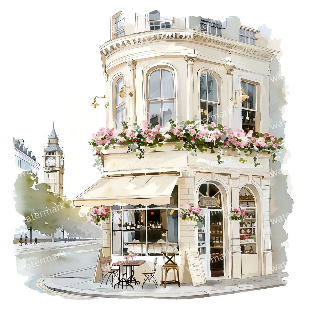 【商用利用可】英国コーナーカフェ(水彩ブリティッシュカフェ外観)クリップアート18点セット|高解像度・透過PNG|ヨーロッパ街角・レトロ店舗|コラージュ・ジャンクジャーナル素材|即ダウンロード