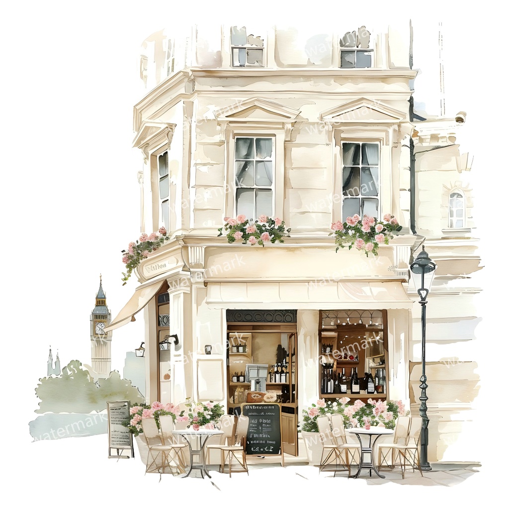 【商用利用可】英国コーナーカフェ(水彩ブリティッシュカフェ外観)クリップアート18点セット|高解像度・透過PNG|ヨーロッパ街角・レトロ店舗|コラージュ・ジャンクジャーナル素材|即ダウンロード