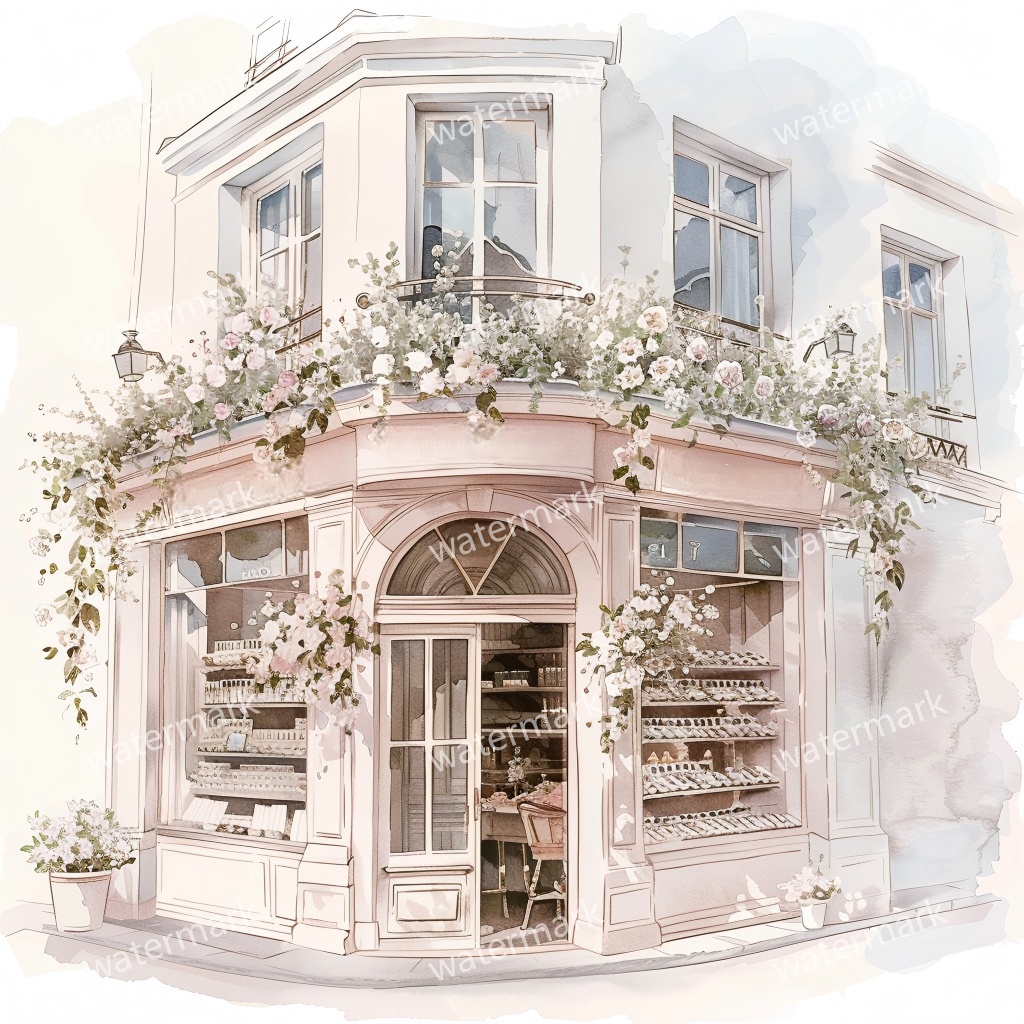 【商用利用可】街角ショップ(水彩コーナーショップ外観)クリップアート19点セット|高解像度・透過PNG|ヨーロッパ風店舗・コラージュ・ジャンクジャーナル素材|即ダウンロード