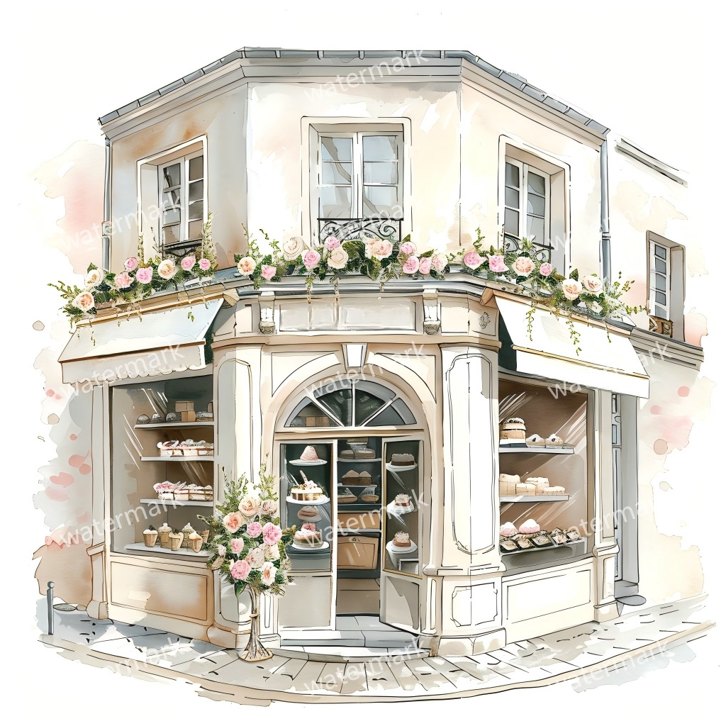 【商用利用可】街角ショップ(水彩コーナーショップ外観)クリップアート19点セット|高解像度・透過PNG|ヨーロッパ風店舗・コラージュ・ジャンクジャーナル素材|即ダウンロード