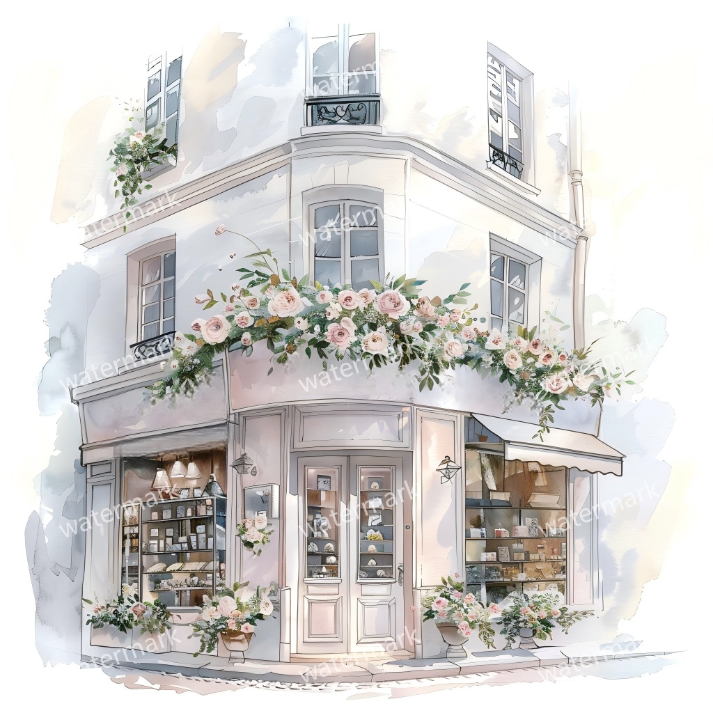 【商用利用可】街角ショップ(水彩コーナーショップ外観)クリップアート19点セット|高解像度・透過PNG|ヨーロッパ風店舗・コラージュ・ジャンクジャーナル素材|即ダウンロード