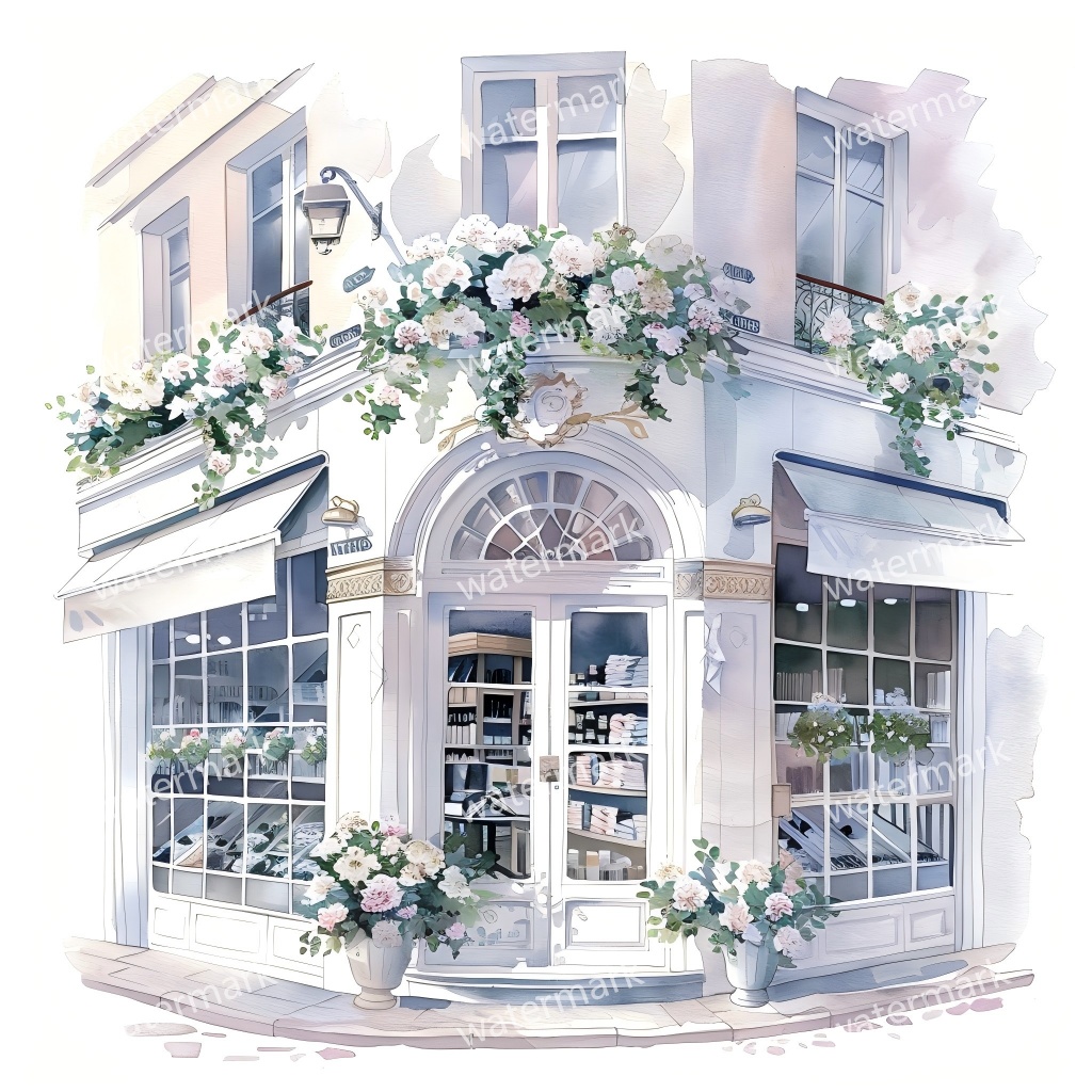 【商用利用可】街角ショップ（水彩コーナーショップ外観）クリップアート19点セット｜高解像度・透過PNG｜ヨーロッパ風店舗・コラージュ・ジャンクジャーナル素材｜即ダウンロード