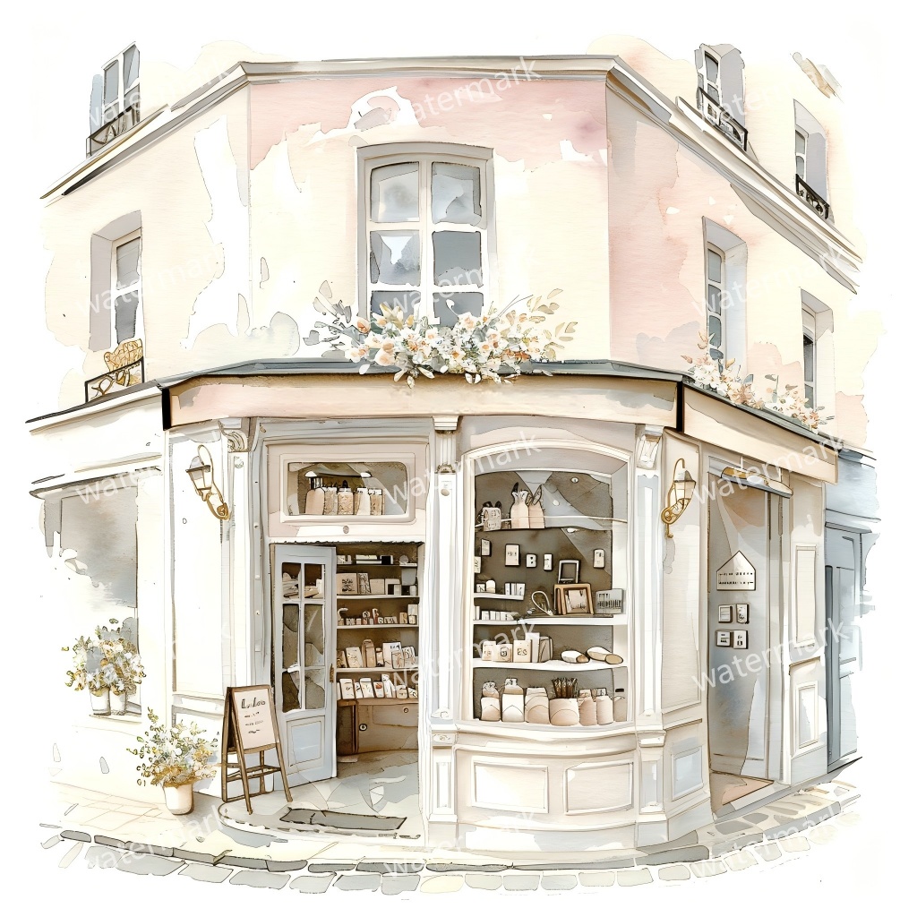 【商用利用可】街角ショップ(水彩コーナーショップ外観)クリップアート19点セット|高解像度・透過PNG|ヨーロッパ風店舗・コラージュ・ジャンクジャーナル素材|即ダウンロード