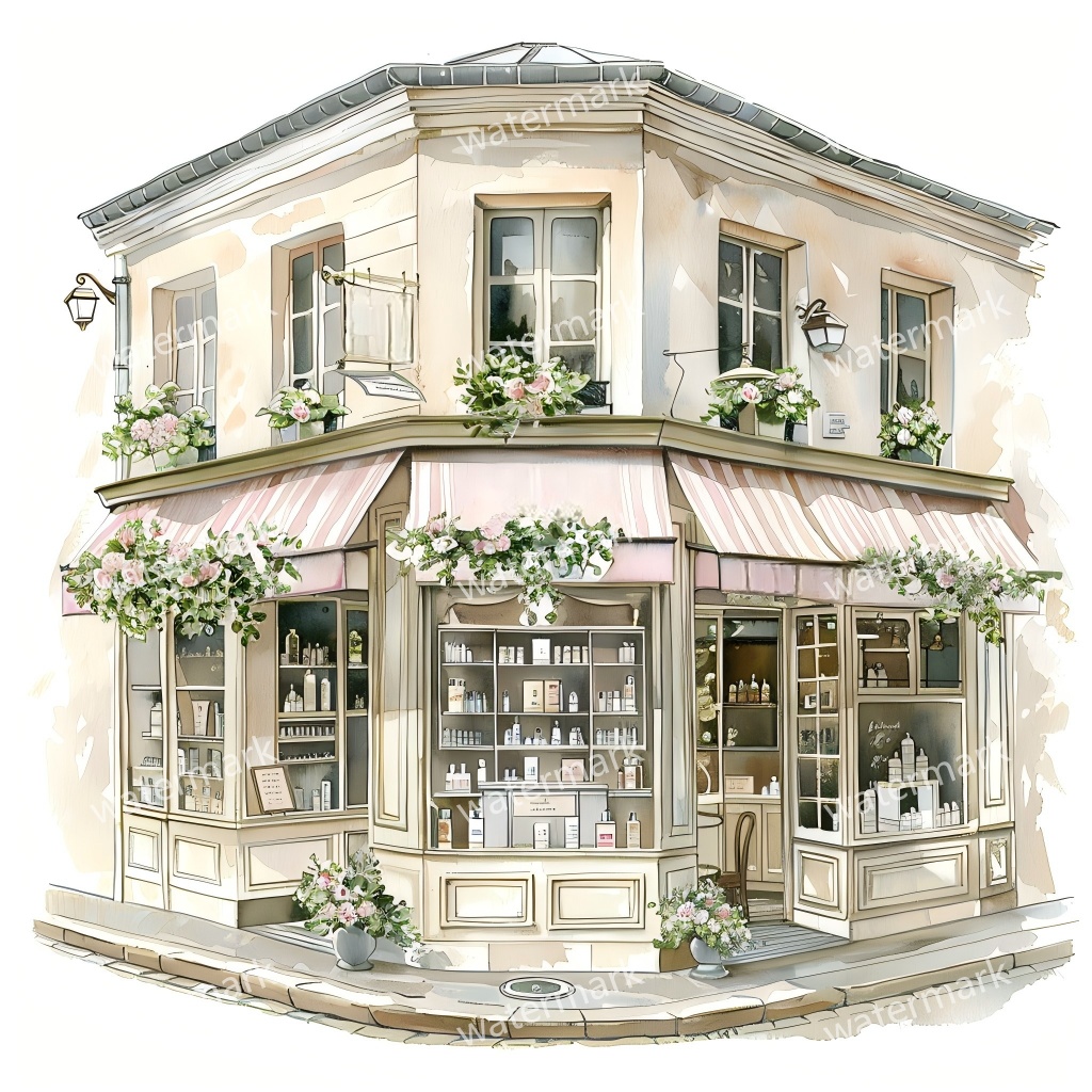 【商用利用可】街角ショップ(水彩コーナーショップ外観)クリップアート19点セット|高解像度・透過PNG|ヨーロッパ風店舗・コラージュ・ジャンクジャーナル素材|即ダウンロード
