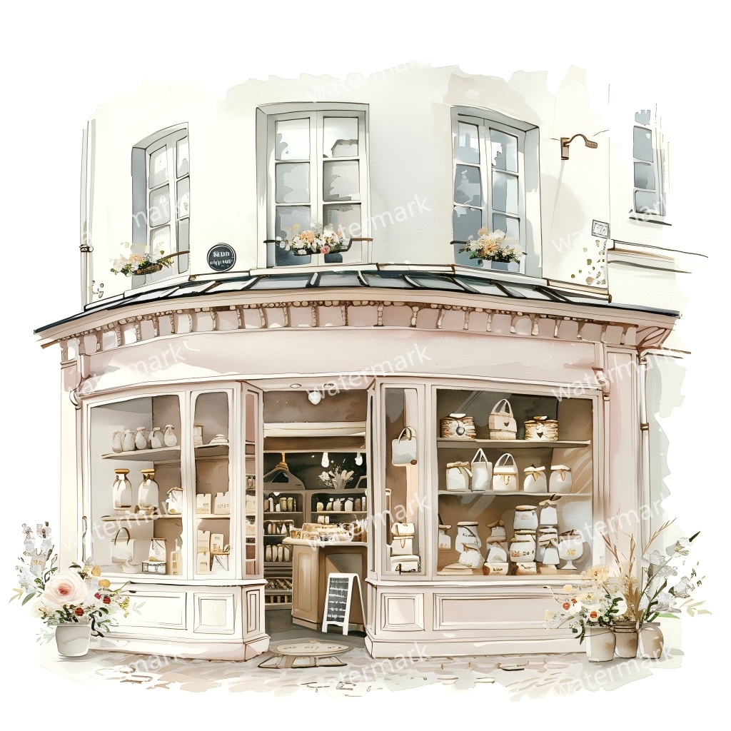 【商用利用可】街角ショップ(水彩コーナーショップ外観)クリップアート19点セット|高解像度・透過PNG|ヨーロッパ風店舗・コラージュ・ジャンクジャーナル素材|即ダウンロード