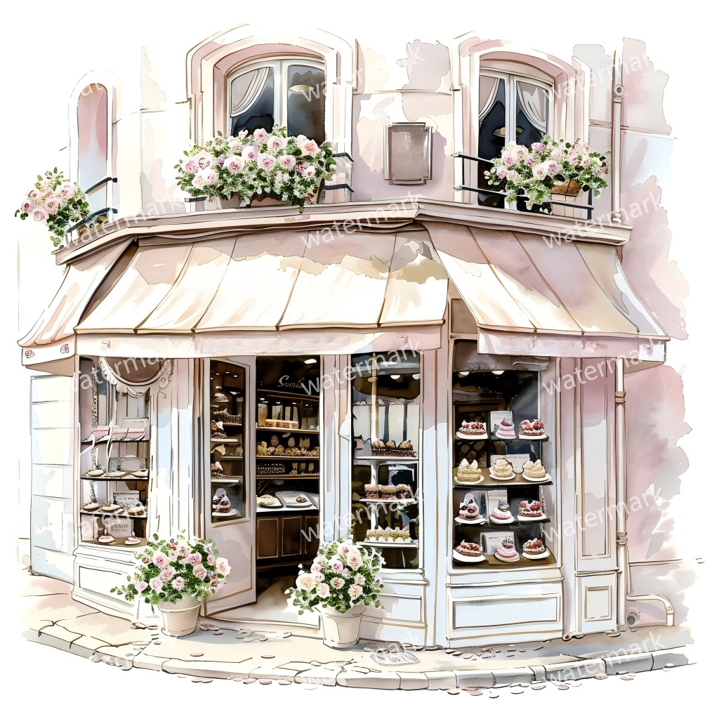 【商用利用可】街角ショップ(水彩コーナーショップ外観)クリップアート19点セット|高解像度・透過PNG|ヨーロッパ風店舗・コラージュ・ジャンクジャーナル素材|即ダウンロード