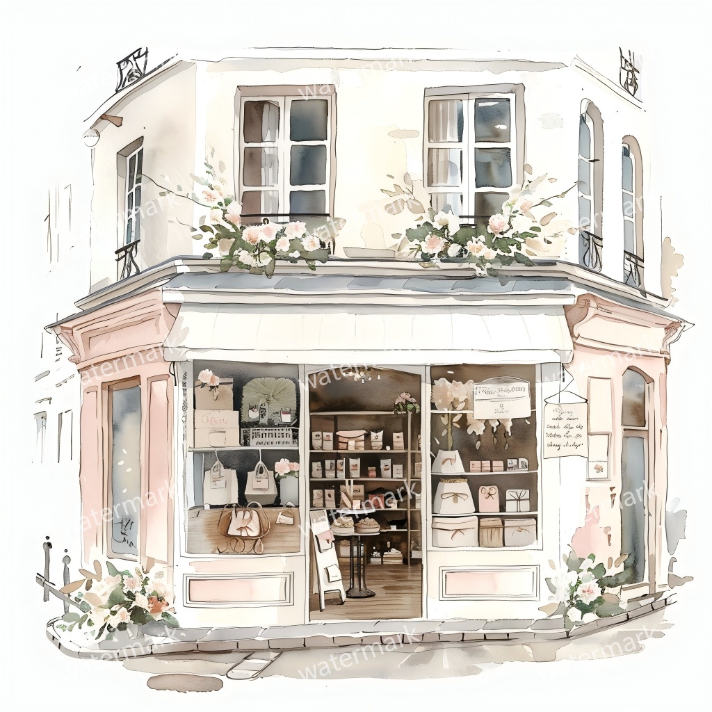 【商用利用可】街角ショップ(水彩コーナーショップ外観)クリップアート19点セット|高解像度・透過PNG|ヨーロッパ風店舗・コラージュ・ジャンクジャーナル素材|即ダウンロード
