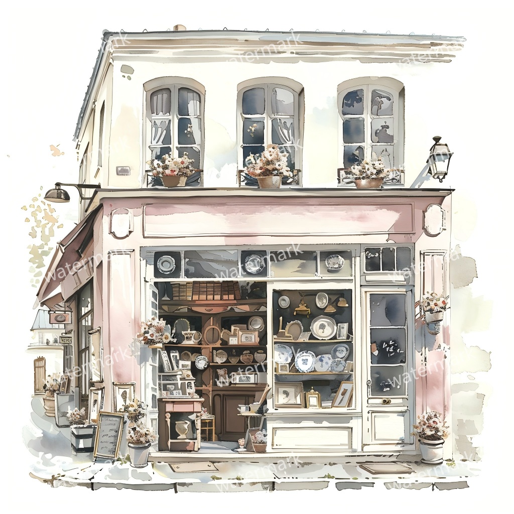 【商用利用可】街角ショップ(水彩コーナーショップ外観)クリップアート19点セット|高解像度・透過PNG|ヨーロッパ風店舗・コラージュ・ジャンクジャーナル素材|即ダウンロード