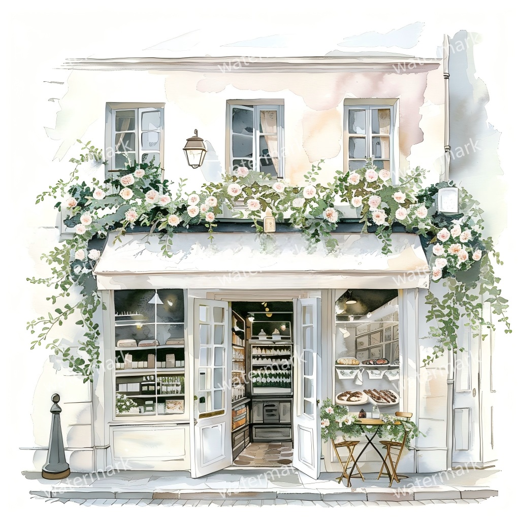 【商用利用可】街角ショップ(水彩コーナーショップ外観)クリップアート19点セット|高解像度・透過PNG|ヨーロッパ風店舗・コラージュ・ジャンクジャーナル素材|即ダウンロード