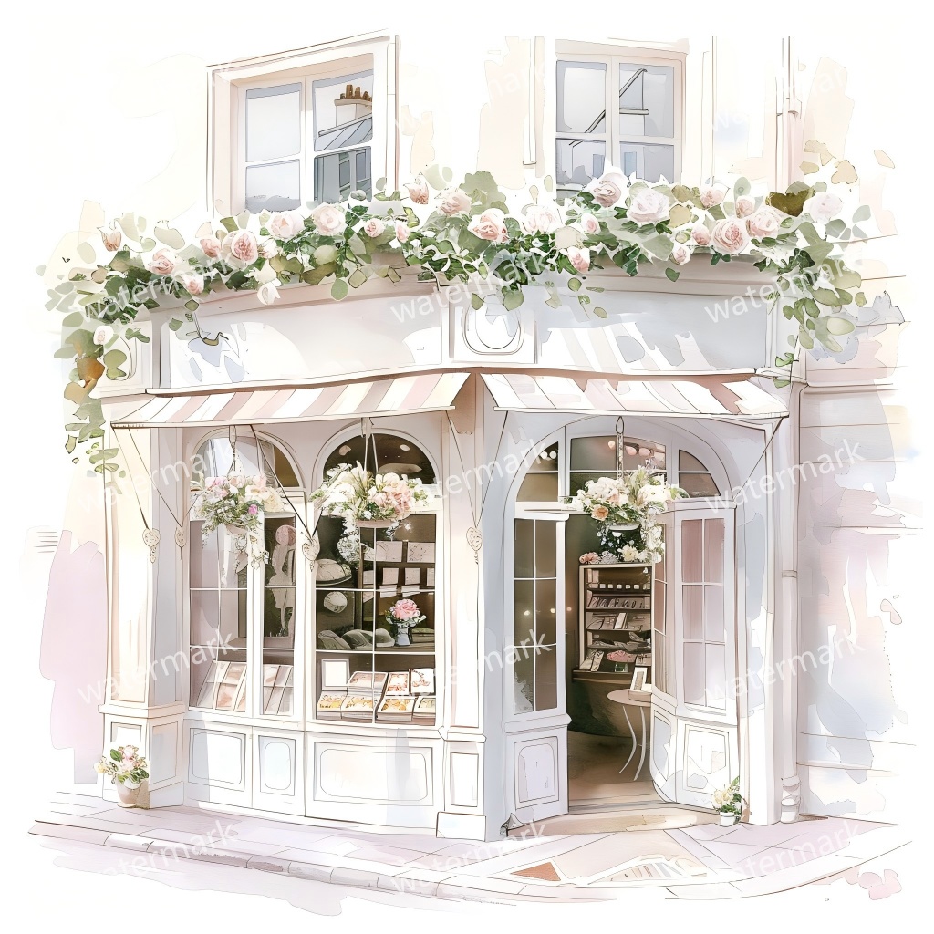 【商用利用可】街角ショップ(水彩コーナーショップ外観)クリップアート19点セット|高解像度・透過PNG|ヨーロッパ風店舗・コラージュ・ジャンクジャーナル素材|即ダウンロード