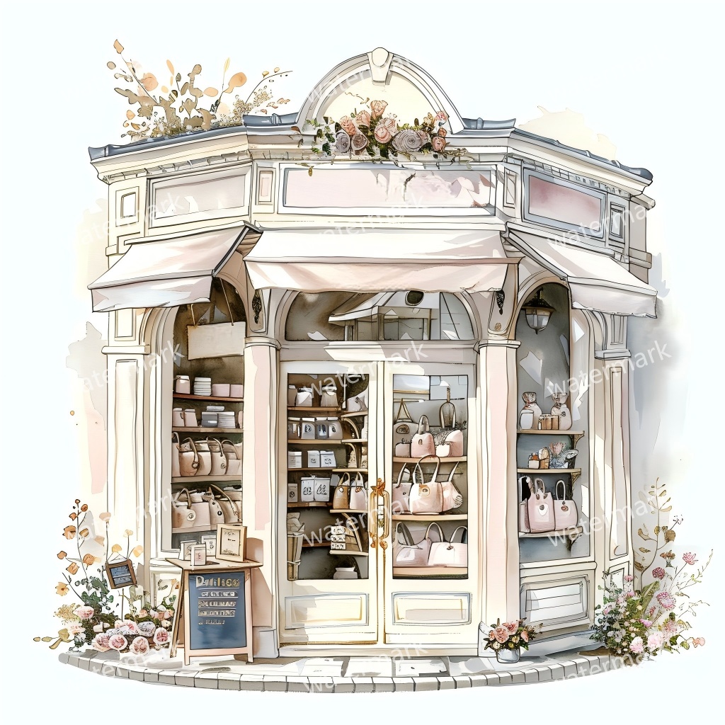 【商用利用可】街角ショップ(水彩コーナーショップ外観)クリップアート19点セット|高解像度・透過PNG|ヨーロッパ風店舗・コラージュ・ジャンクジャーナル素材|即ダウンロード