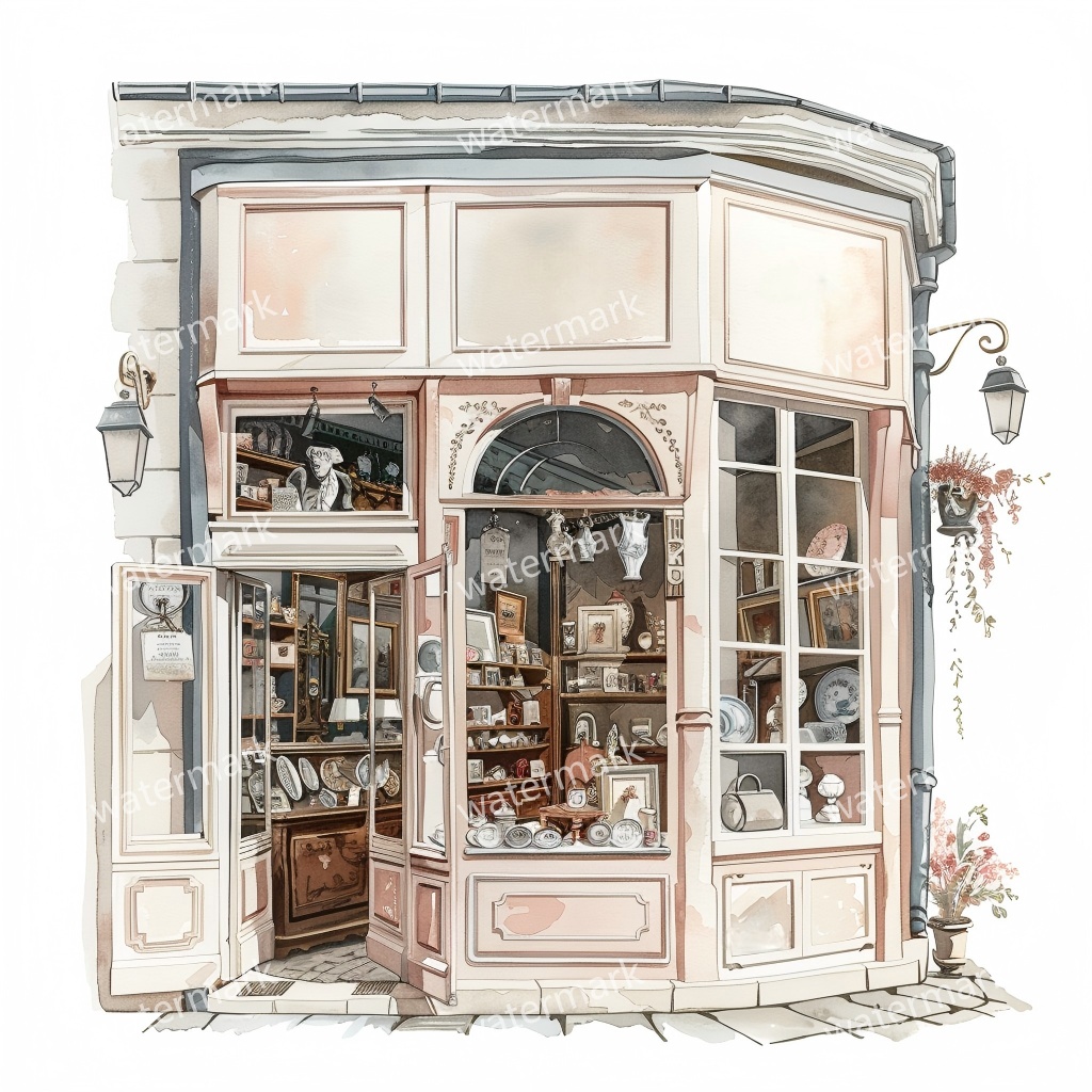【商用利用可】街角ショップ(水彩コーナーショップ外観)クリップアート19点セット|高解像度・透過PNG|ヨーロッパ風店舗・コラージュ・ジャンクジャーナル素材|即ダウンロード