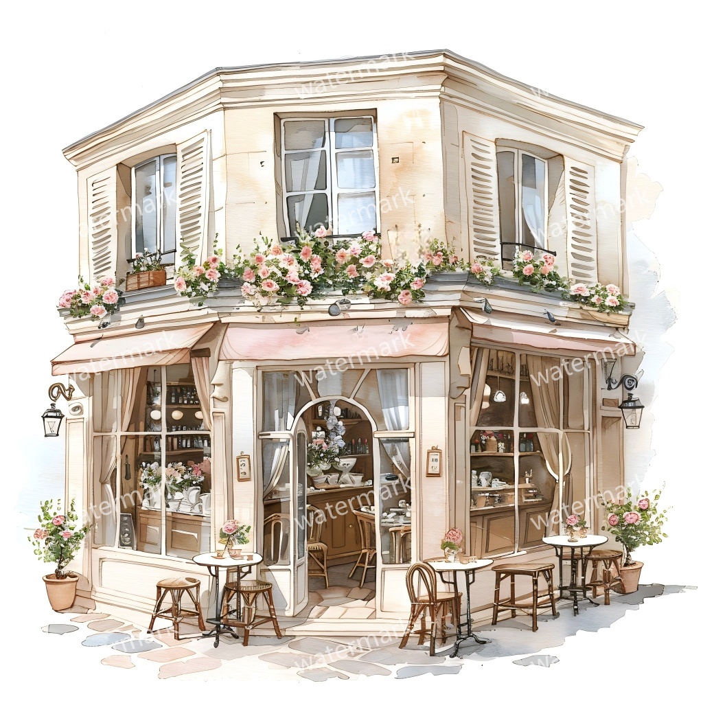 【商用利用可】街角ショップ(水彩コーナーショップ外観)クリップアート19点セット|高解像度・透過PNG|ヨーロッパ風店舗・コラージュ・ジャンクジャーナル素材|即ダウンロード