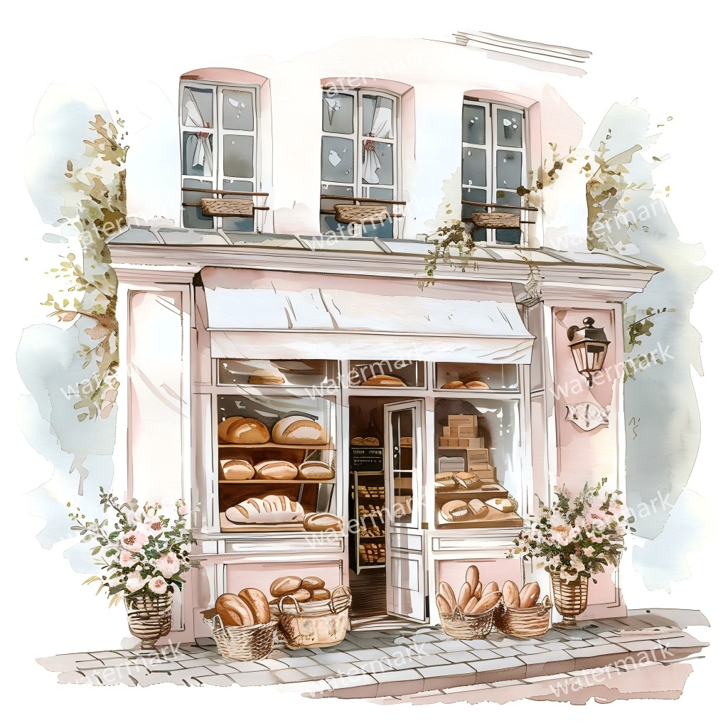 【商用利用可】街角ショップ(水彩コーナーショップ外観)クリップアート19点セット|高解像度・透過PNG|ヨーロッパ風店舗・コラージュ・ジャンクジャーナル素材|即ダウンロード