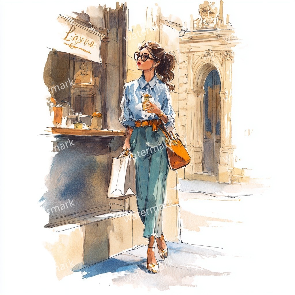 【商用利用可】ファッションガール街歩き(水彩ストリートスタイル)クリップアート20点セット|高解像度JPG|おしゃれ人物・コラージュ・ジャンクジャーナル素材|即ダウンロード