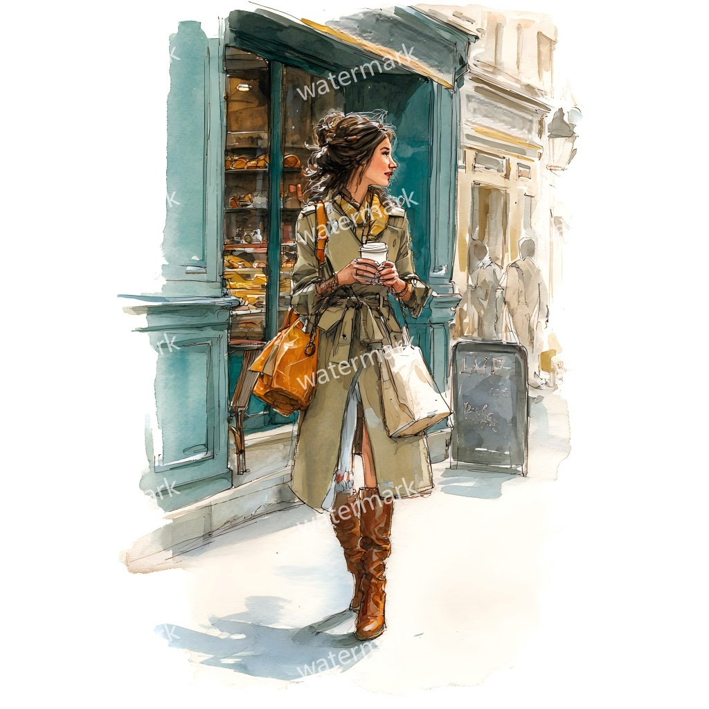 【商用利用可】ファッションガール街歩き（水彩ストリートスタイル）クリップアート20点セット｜高解像度JPG｜おしゃれ人物・コラージュ・ジャンクジャーナル素材｜即ダウンロード